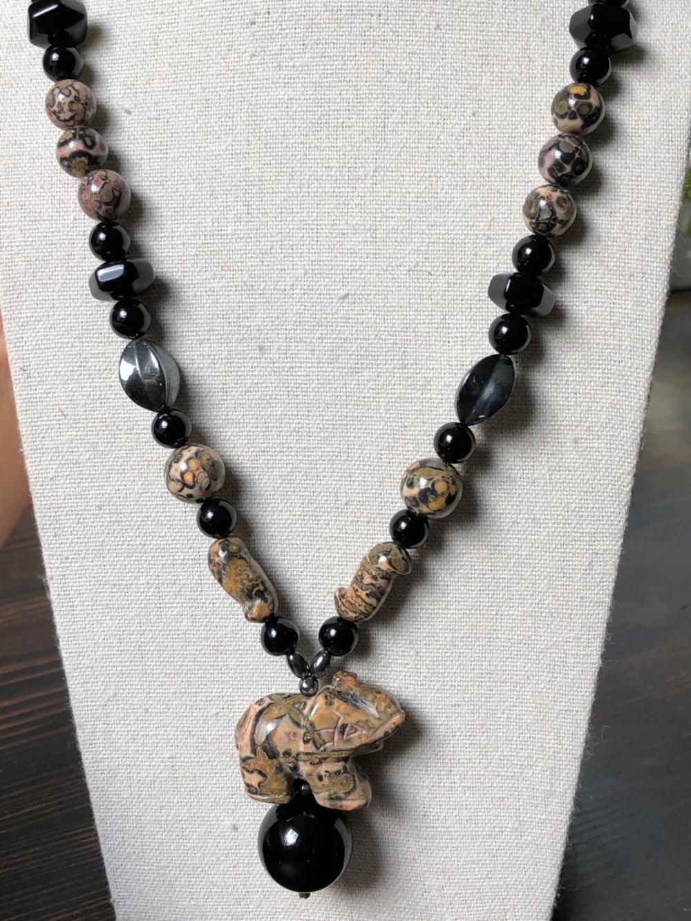 Natural Stone Onyx Elephant Necklace with Sterling Clasp